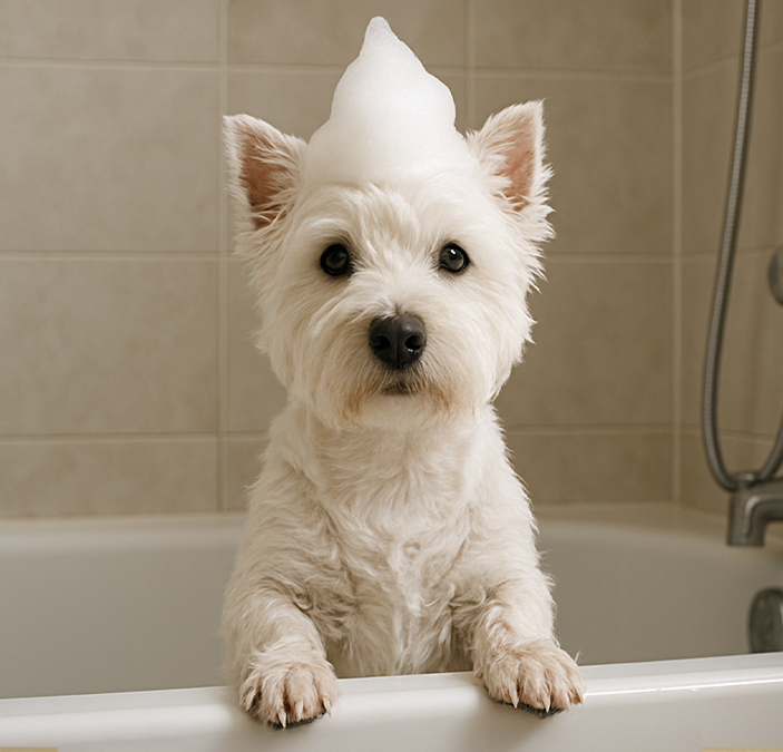 Westy raza perro en el baño siendo bañado